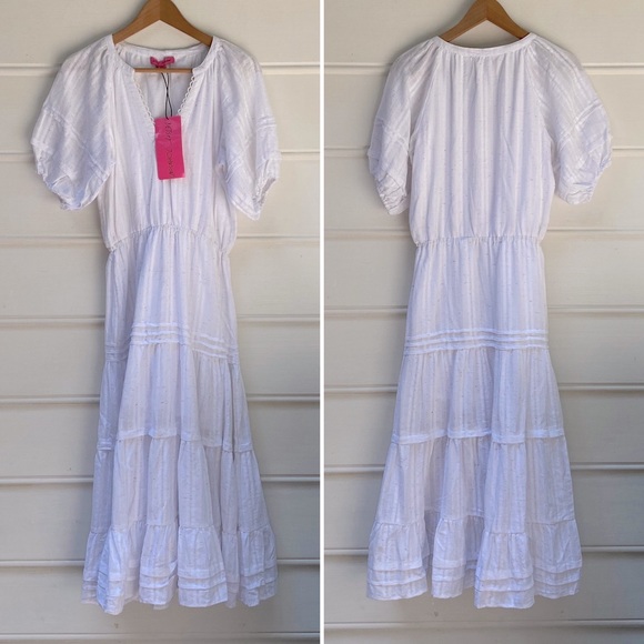 Betsey Johnson white cottagecore boho spectator puff sleeve midi dress M - Picture 2 of 7